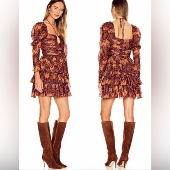 House of Harlow 1960 Brown Metallic Patterned Ruffle Mini Dress Size L - Picture 1 of 6
